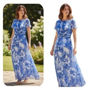 NWT DKNY size 6 blue/white printed flutter sleeve midi dress